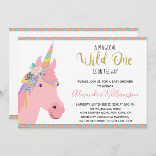 Magical Wild One Unicorn Pink Gold Baby shower Kaart