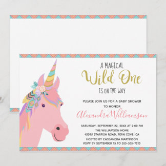 Magical Wild One Unicorn Pink Gold Baby shower Kaart