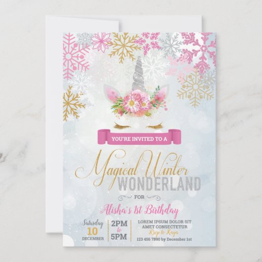 Magical Winter Wonderland Unicorn Birthday Invite Kaart (Voorkant)
