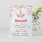 Magical Winter Wonderland Unicorn Birthday Invite Kaart (Staand voorkant)