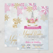 Magical Winter Wonderland Unicorn Birthday Invite Kaart (Voorkant / Achterkant)