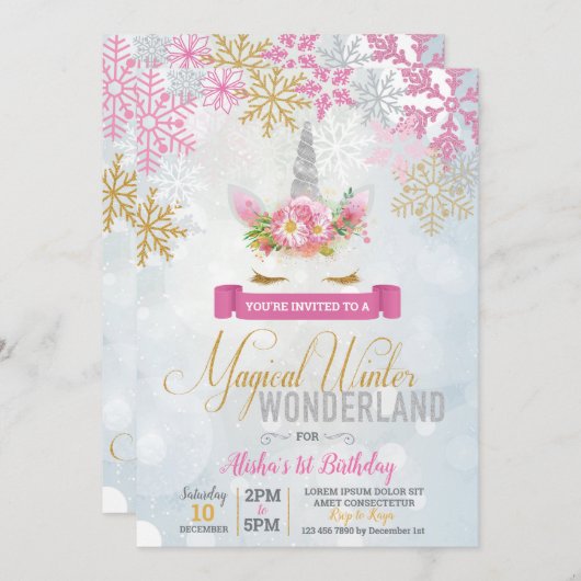 Magical Winter Wonderland Unicorn Birthday Invite Kaart (Voorkant / Achterkant)