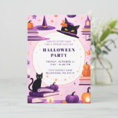 Magical Witch Cat Halloween Party Uitnodiging (Staand voorkant)