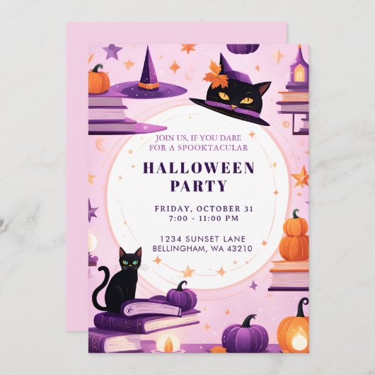 Magical Witch Cat Halloween Party Uitnodiging (Voorkant / Achterkant)