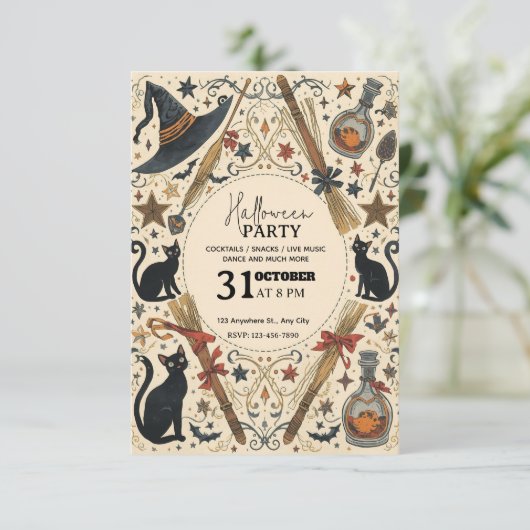 Magical Witch Halloween Party Invitation– Editable Kaart (Staand voorkant)
