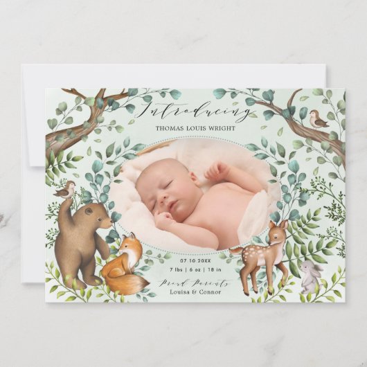 Magical Woodland Animals Foto geboorteaankondiging Kaart (Voorkant)