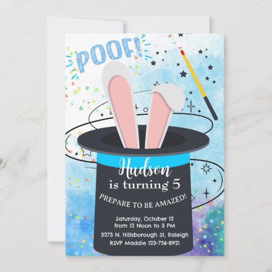Magician hat and bunny boy birthday invite. kaart (Voorkant)