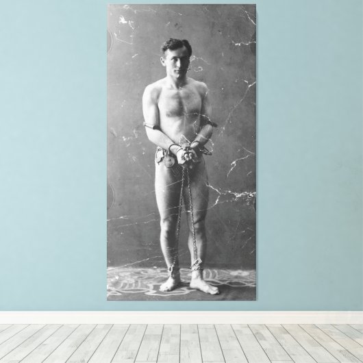 Magiciër Harry Houdini staat in de ketens Canvas Afdruk (Insitu (Houten vloer))