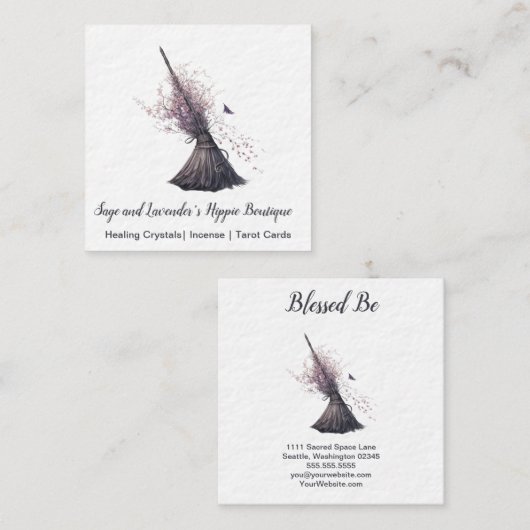 Magick Witch Broom Spring Blossom Vierkante Visitekaartje (Voorkant / Achterkant)