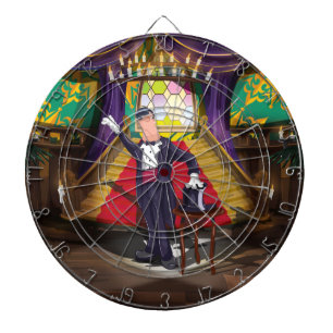 Magicus die goocheltruc uitvoert op het podium dartbord