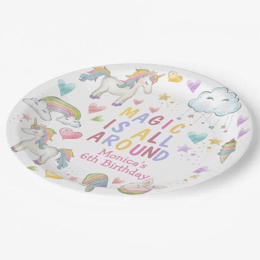 Magie is rondom pastel eenhoorn verjaardag papieren bordje (Gekanteld)