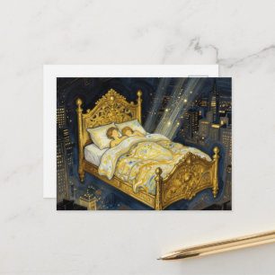Magisch Bed Boven Stad Fantasie Slapend Koppel Briefkaart