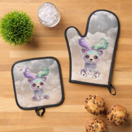 Magisch beren welp in pastel glitter. ovenwant & pannenlap set