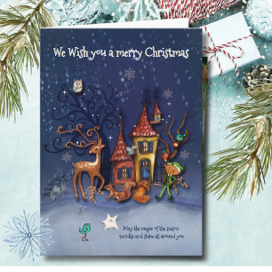 Magisch Besneuwd Kerstmisdorp Elf & Rendier Feestdagen Kaart