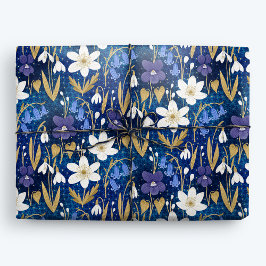 Magisch Blauw Geïllustreerde Lente Bloemen Cadeaupapier