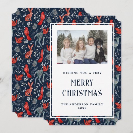 Magisch Blauw Rood Nordic Foto Vrolijk Kerstfeest  Feestdagenkaart (Voorkant / Achterkant)