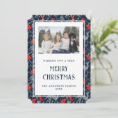Magisch Blauw Rood Nordic Foto Vrolijk Kerstfeest  Feestdagenkaart (Staand voorkant)