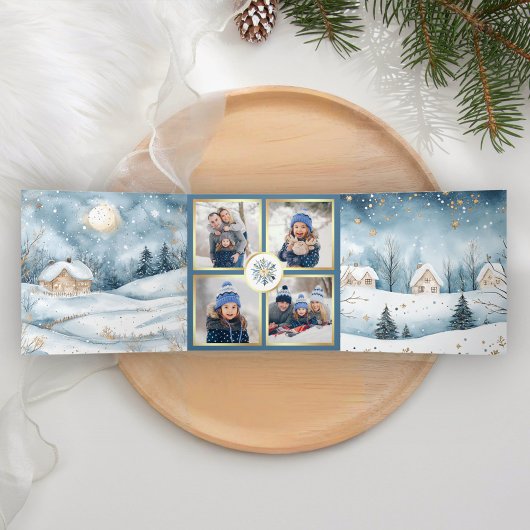 Magisch Blauw Winter Wonderland 4 Foto Kerstmis Drieluik Wenskaart
