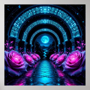Magisch Bloemenpad met Lichtgevende Rozen Poster