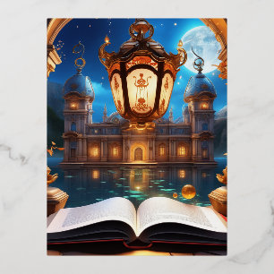 Magisch boek in een mysterieuze utopische wereld folie feestdagen briefkaart