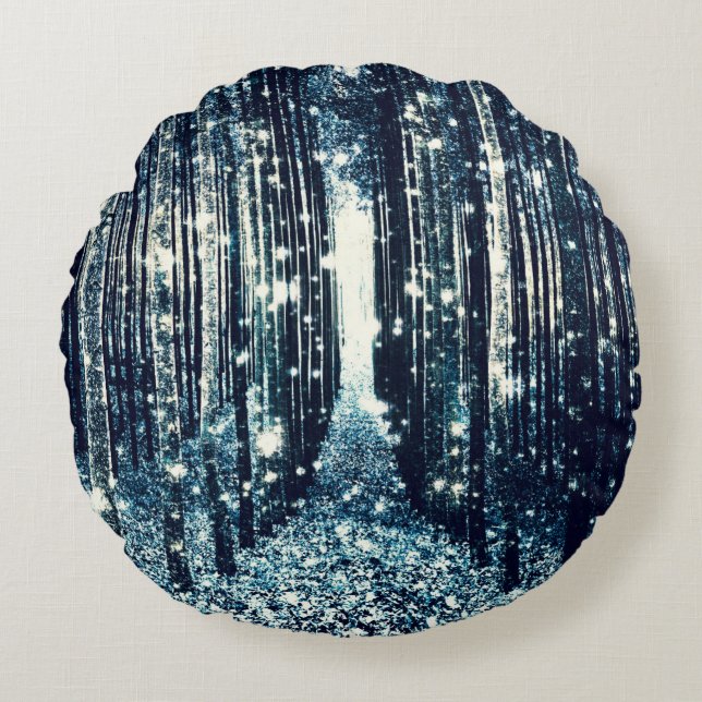 Magisch Bos Blauwgroen Grijs Elegantie Rond Kussen (Voorkant)