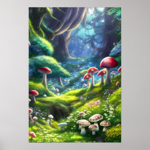 Magisch bos, gekantelde paddenstoelen poster