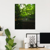 Magisch bos met gele bloemen en waterval poster (Thuiskantoor)