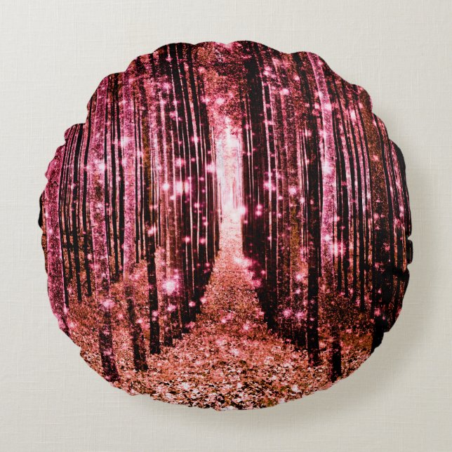 Magisch bos perzik roze rond kussen (Voorkant)