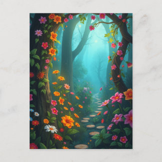 Magisch bospad met grillige wilde bloemen briefkaart