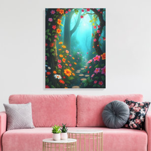 Magisch bospad met grillige wilde bloemen canvas afdruk