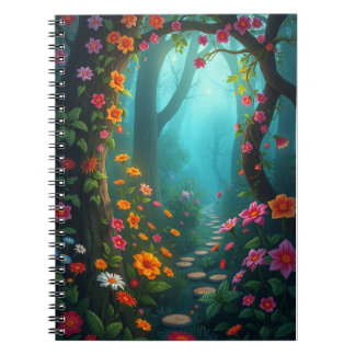 Magisch bospad met grillige wilde bloemen notitieboek