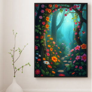 Magisch bospad met grillige wilde bloemen poster
