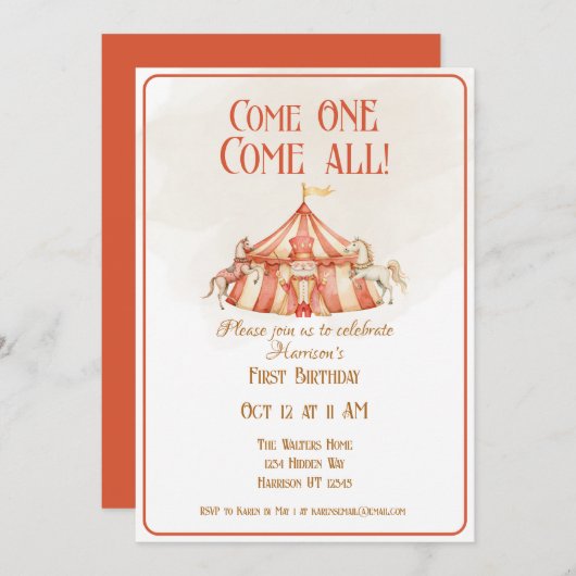 Magisch Circus Paard Eerste Verjaardag Uitnodiging (Voorkant / Achterkant)