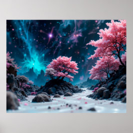 Magisch droomlandschap met lichtgevende roze bomen poster