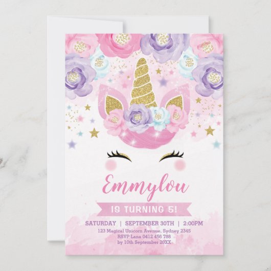 Magisch Eenhoorn Verjaardagsfeest Roze Paars Regen Kaart (Voorkant)