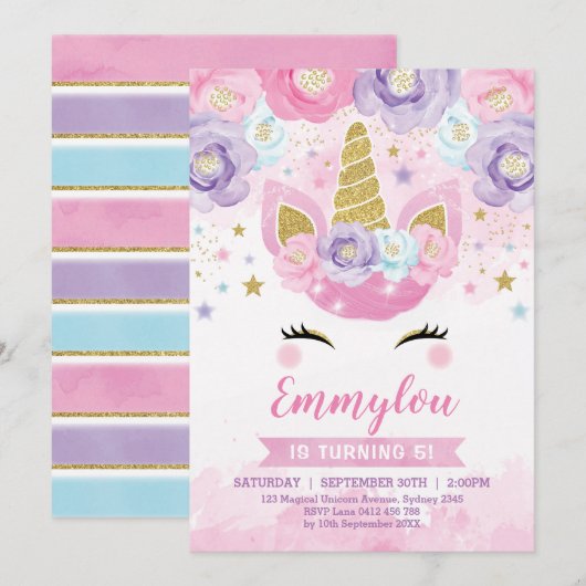Magisch Eenhoorn Verjaardagsfeest Roze Paars Regen Kaart (Voorkant / Achterkant)
