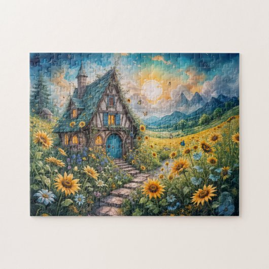Magisch huisje met zonnebloemveld legpuzzel (Horizontaal)