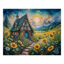 Magisch huisje met zonnebloemveld perfect poster