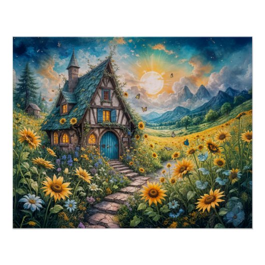 Magisch huisje met zonnebloemveld perfect poster (Voorkant)
