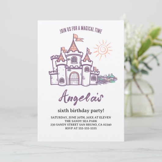 Magisch kasteel 6e verjaardag uitnodiging (Staand voorkant)