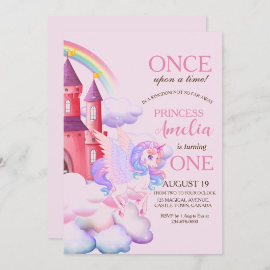 Magisch Kasteel Roze Eenhoorns 1e Prinses Verjaard Kaart (Voorkant / Achterkant)