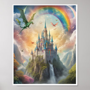 Magisch kasteel vliegende draken feeën regenboog poster