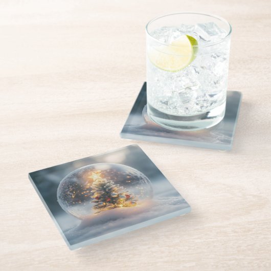 Magisch kerstsneeuw Wereldbol met gloeiende boom Glazen Onderzetter (Schuin)