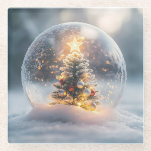 Magisch kerstsneeuw Wereldbol met gloeiende boom Glazen Onderzetter
