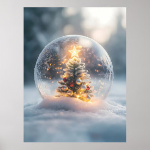 Magisch kerstsneeuw Wereldbol met gloeiende boom Poster