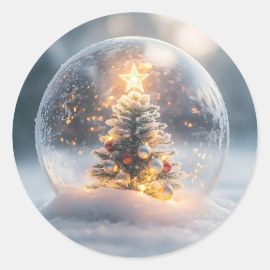 Magisch kerstsneeuw Wereldbol met gloeiende boom Ronde Sticker (Voorkant)