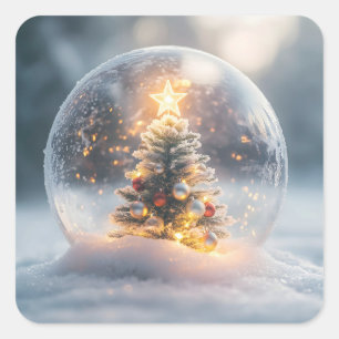 Magisch kerstsneeuw Wereldbol met gloeiende boom Vierkante Sticker