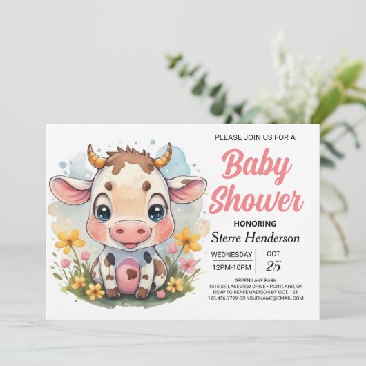 Magisch land uitprintbare koe baby shower kaart (Staand voorkant)