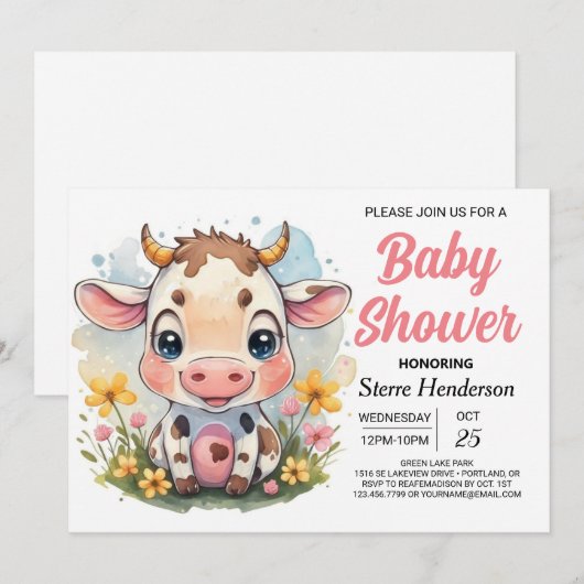 Magisch land uitprintbare koe baby shower kaart (Voorkant / Achterkant)