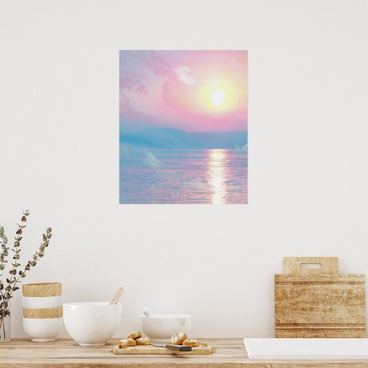 Magisch landschap in roze zonsondergang poster (Keuken)